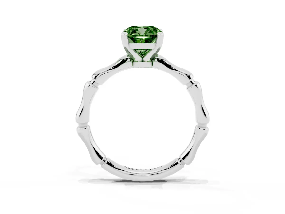 Fancy Green Cushion Cut Solitaire Diamond Ring with Bamboo Band and Four-Prong Setting Silver