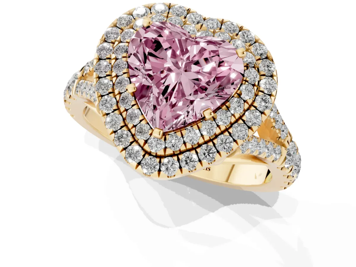 Fancy Pink Heart Cut Cut Double Halo Split Shank Diamond Ring with Prong Setting Yellow gold
