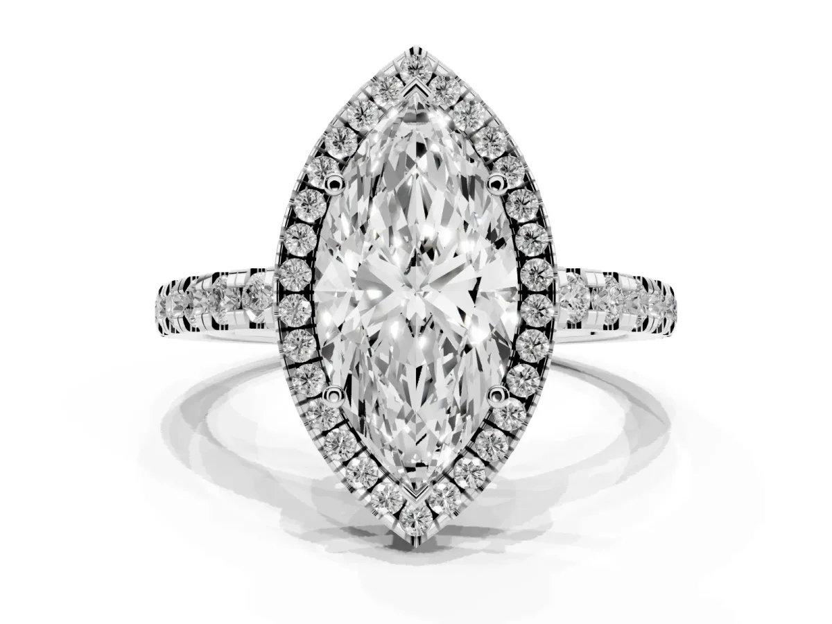 Marquise Cut Diamond Halo Ring with Pavé Band and Four-Prong Setting White gold
