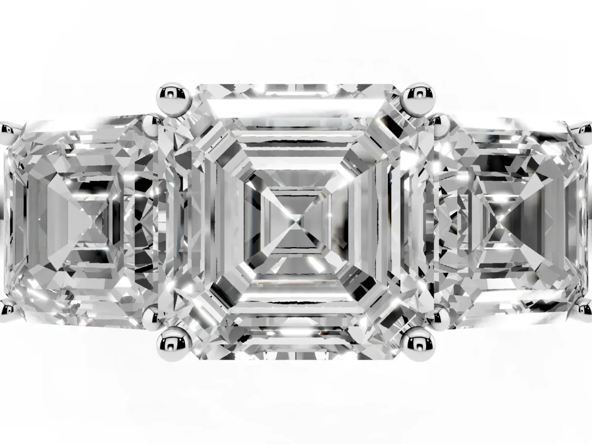 Three-Stone Asscher Cut Cut Diamond Engagement Ring with Prong Setting on a White Gold Band White gold
