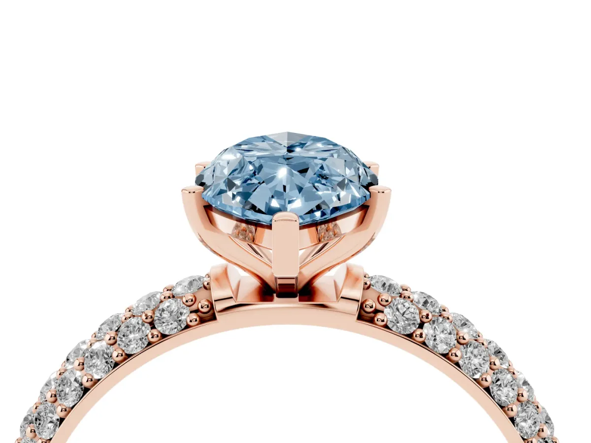 Fancy Blue Marquise Cut Diamond Solitaire Ring with Prong Setting and Pavé Band Rose gold