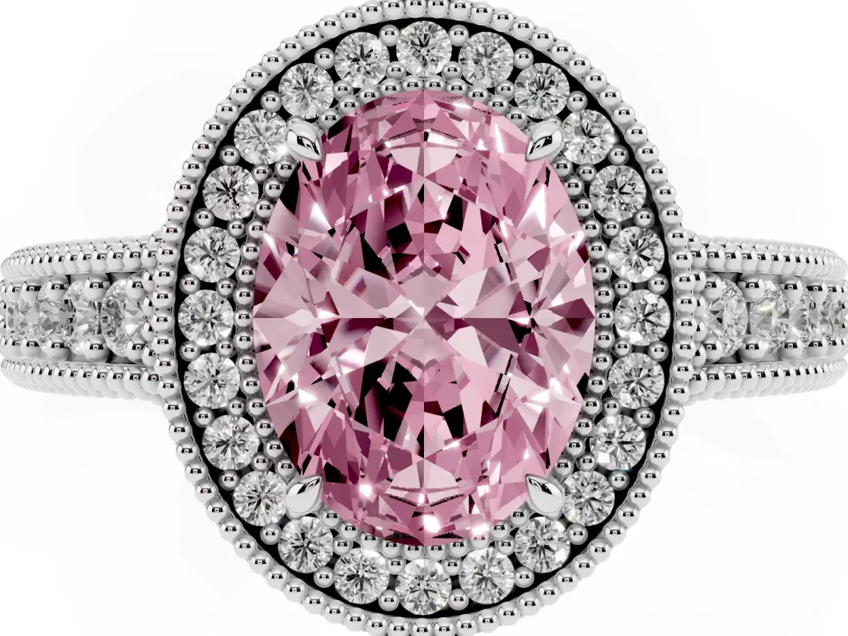 Fancy Pink Oval Cut Cut Halo Diamond Ring with Pavé Band and Four-Prong Setting Silver