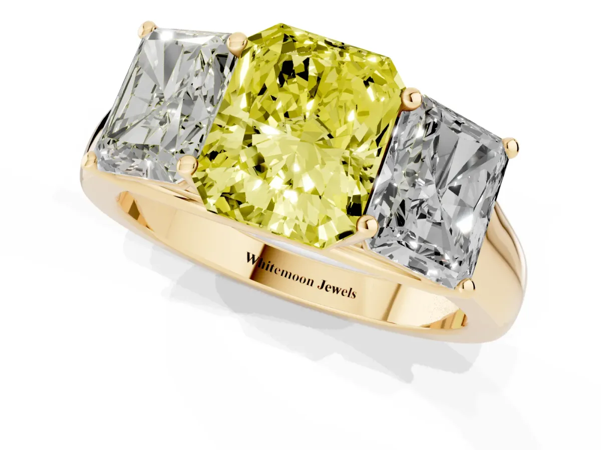 Fancy Yellow Radiant Cut Three-Stone Diamond Ring with Prong Setting on a Classic Band Yellow gold