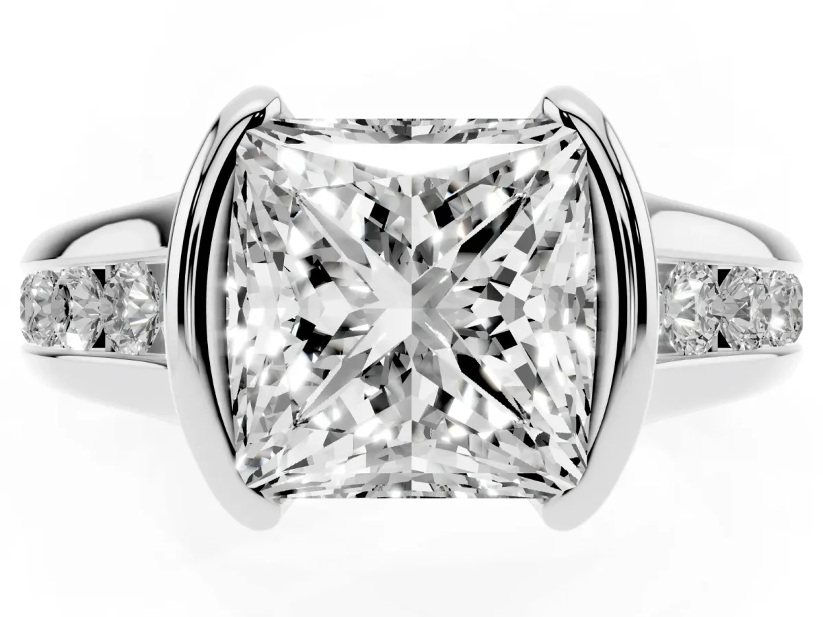 Princess Cut Solitaire Bezel-Set Diamond Ring with Channel-Set Band Platinum