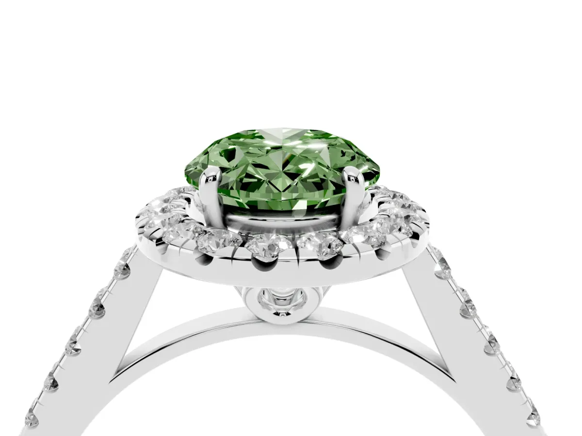 Fancy Green Oval Cut Halo Pavé Diamond Engagement Ring with Four-Prong Setting Silver