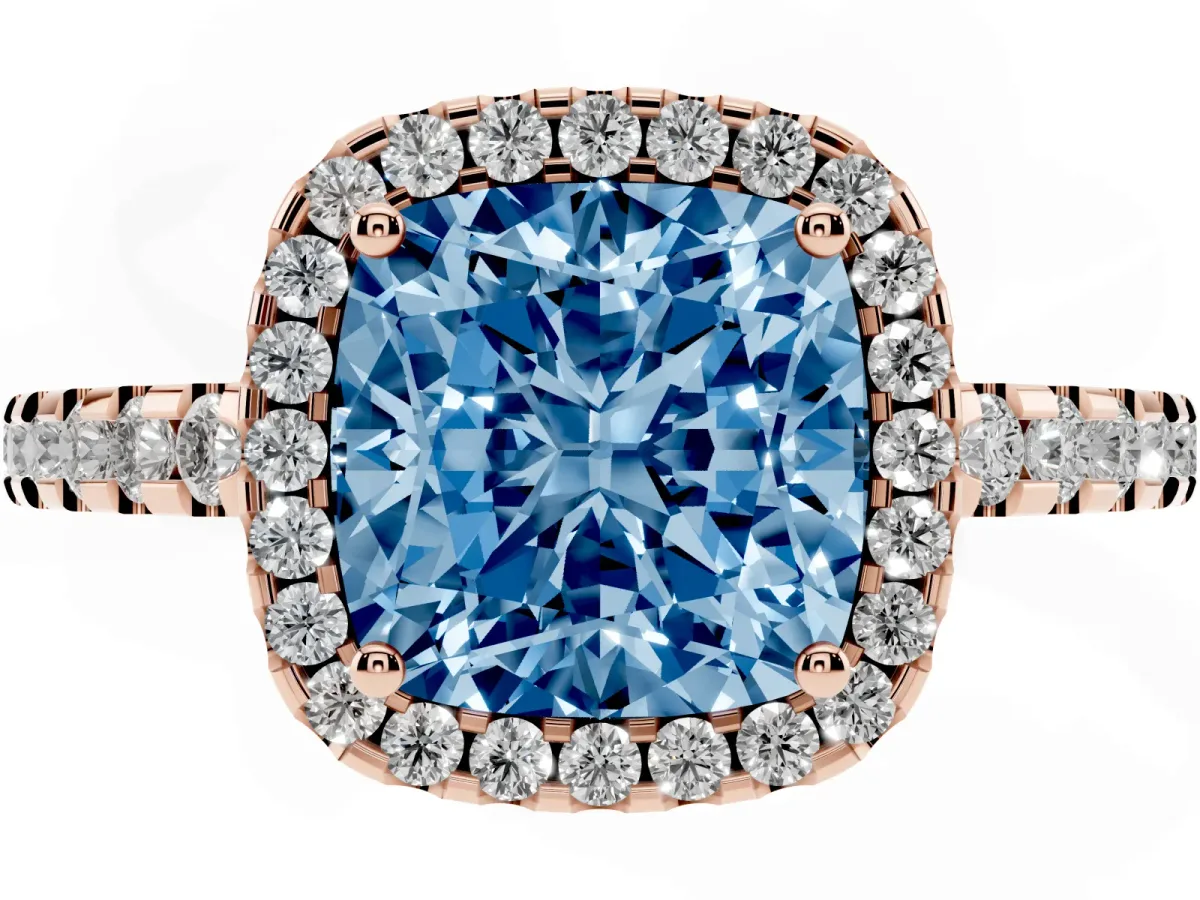 Fancy Blue Cushion Cut Diamond Halo Engagement Ring with Pavé Band and Prong Setting Rose gold
