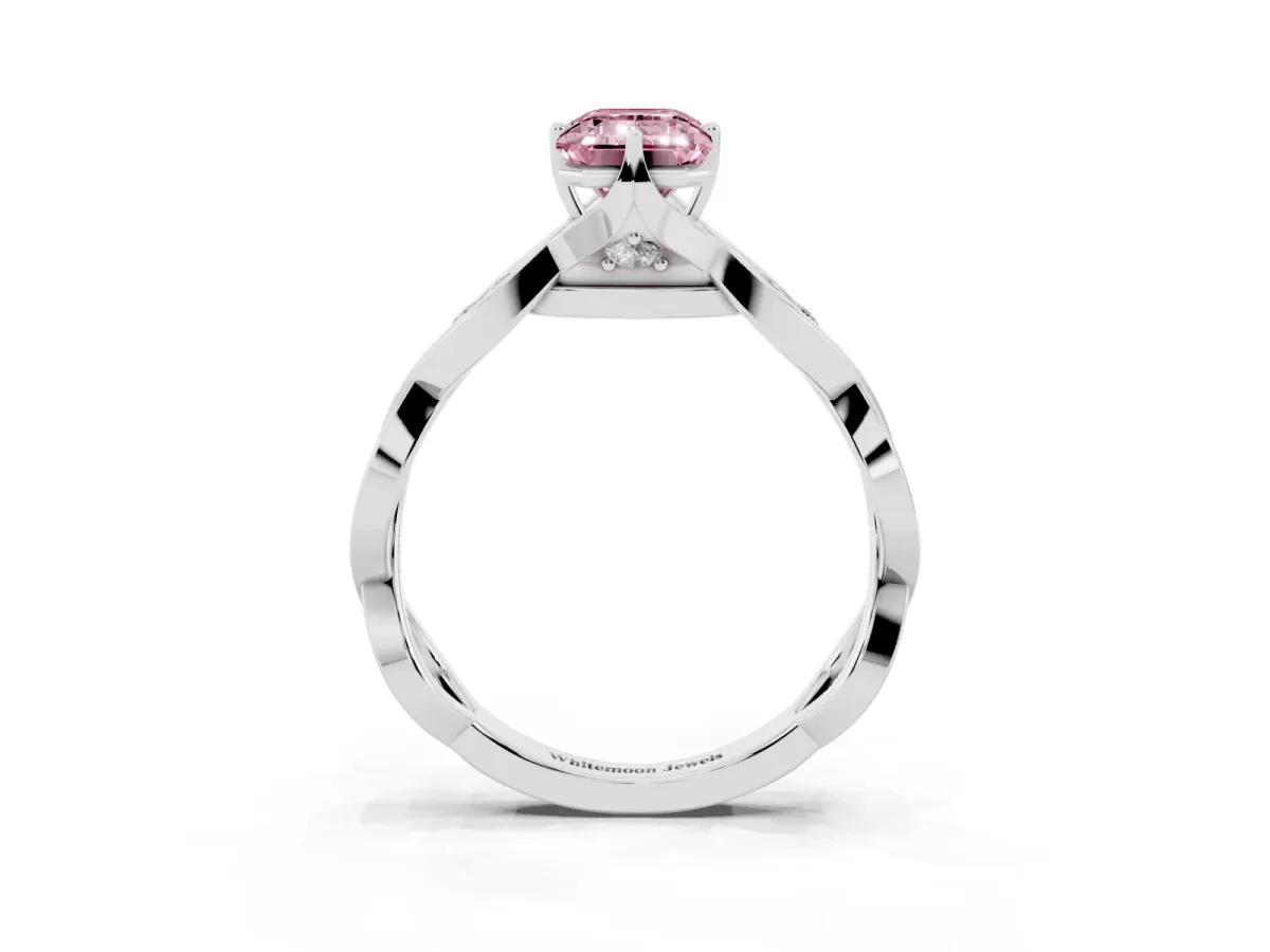 Fancy Pink Emerald Cut Solitaire Twist Band with Leaf Prong Setting Platinum