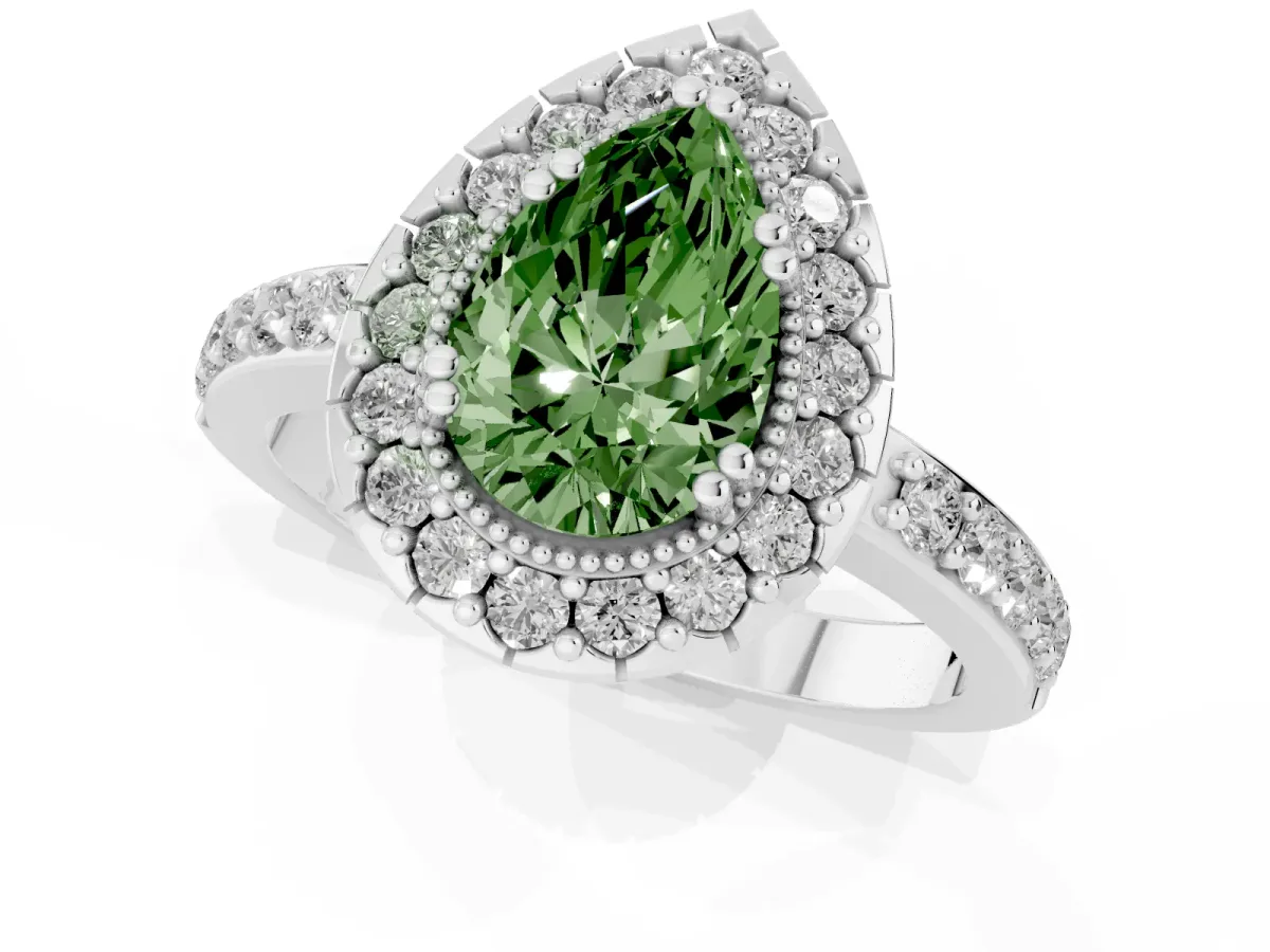 Fancy Green Pear Cut Diamond Halo Ring with Pavé Band and Prong Setting Silver