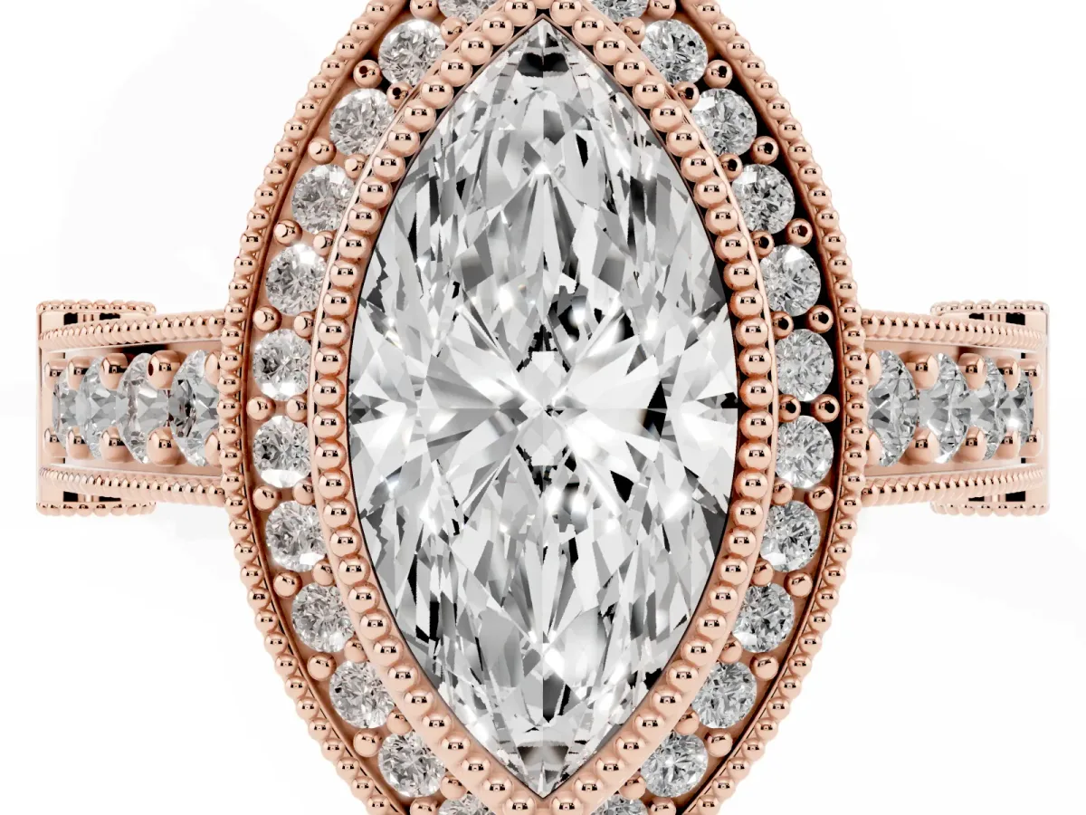 Marquise Cut Halo Diamond Split Shank Pave Ring Rose gold