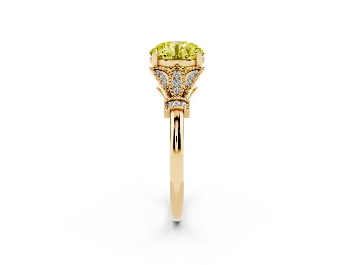 Fancy Yellow Round Cut Diamond Solitaire Ring with Floral Filigree and Pave Accents Yellow gold