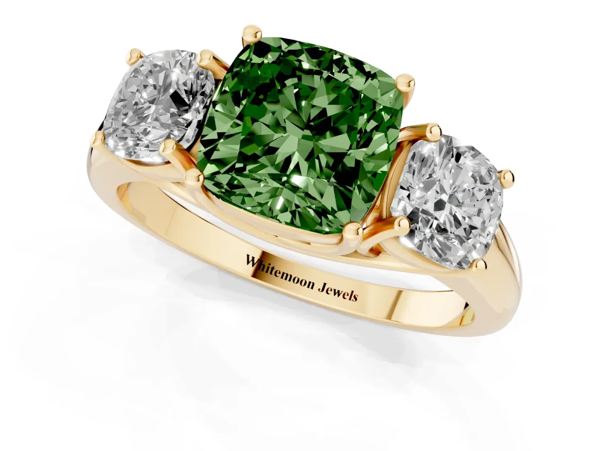 Fancy Green Three-Stone Cushion Cut Diamond Engagement Ring with Prong Setting Yellow gold