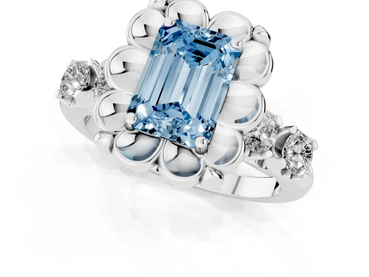 Fancy Blue Emerald Cut Cut Diamond Floral Halo Engagement Ring with Shared Prong Setting Silver