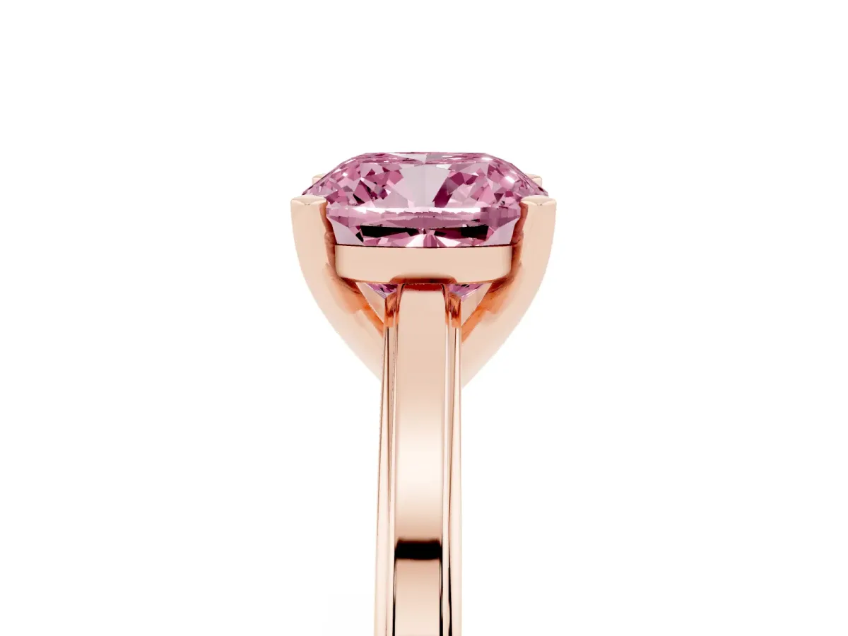 Fancy Pink Cushion Cut Solitaire Diamond Ring with Four-Prong Setting and Classic Band Rose gold