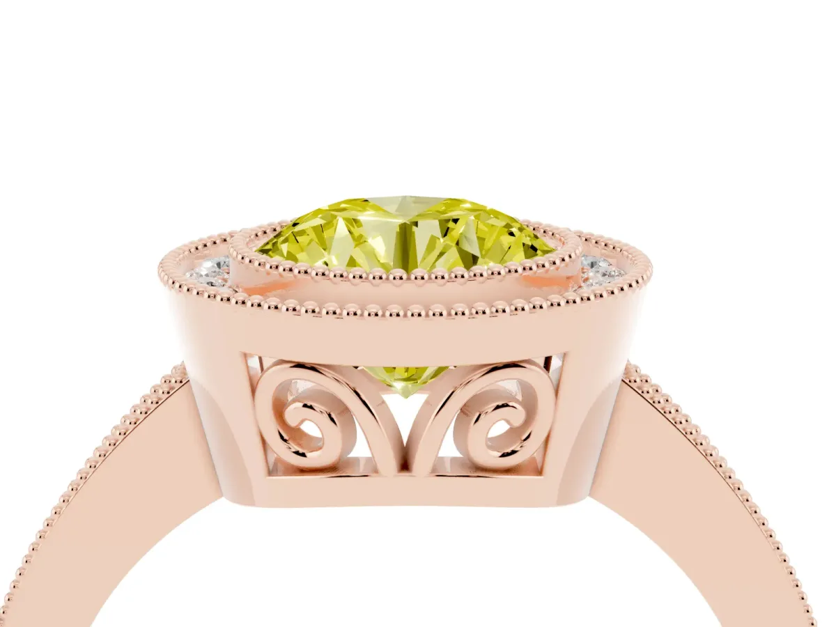 Fancy Yellow Round Cut Cut Halo Diamond Ring with Pavé Band and Milgrain Prong Setting Rose gold