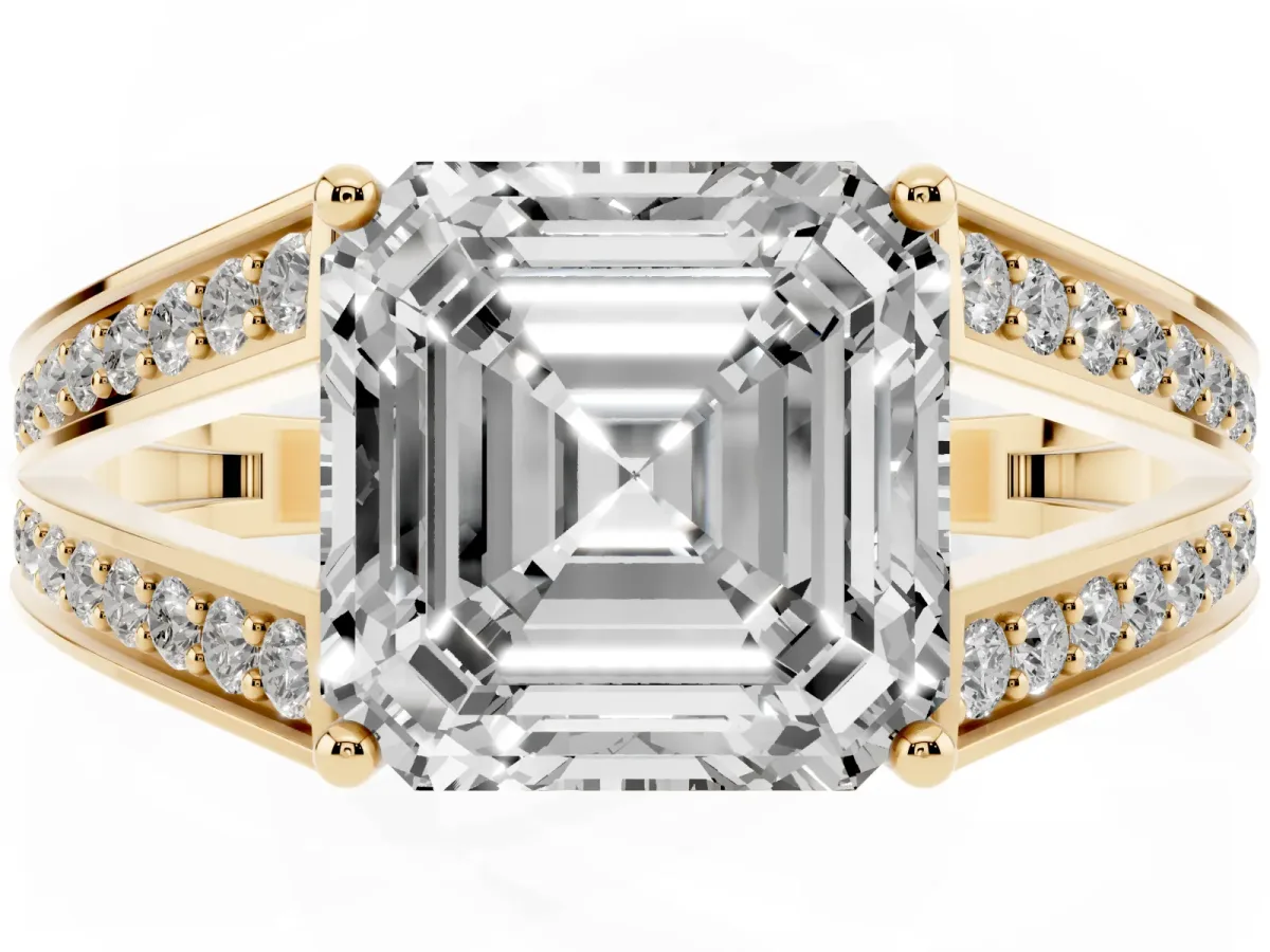 Asscher Cut Diamond Split Shank Ring with Pavé Band and Four-Prong Setting Yellow gold