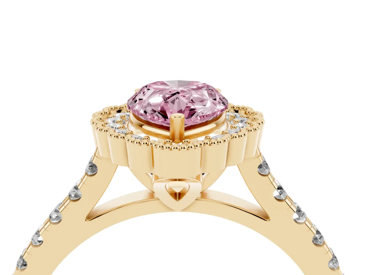 Fancy Pink Pear Cut Cut Diamond Milgrain Floral Halo Engagement Ring with Pavé Band Yellow gold
