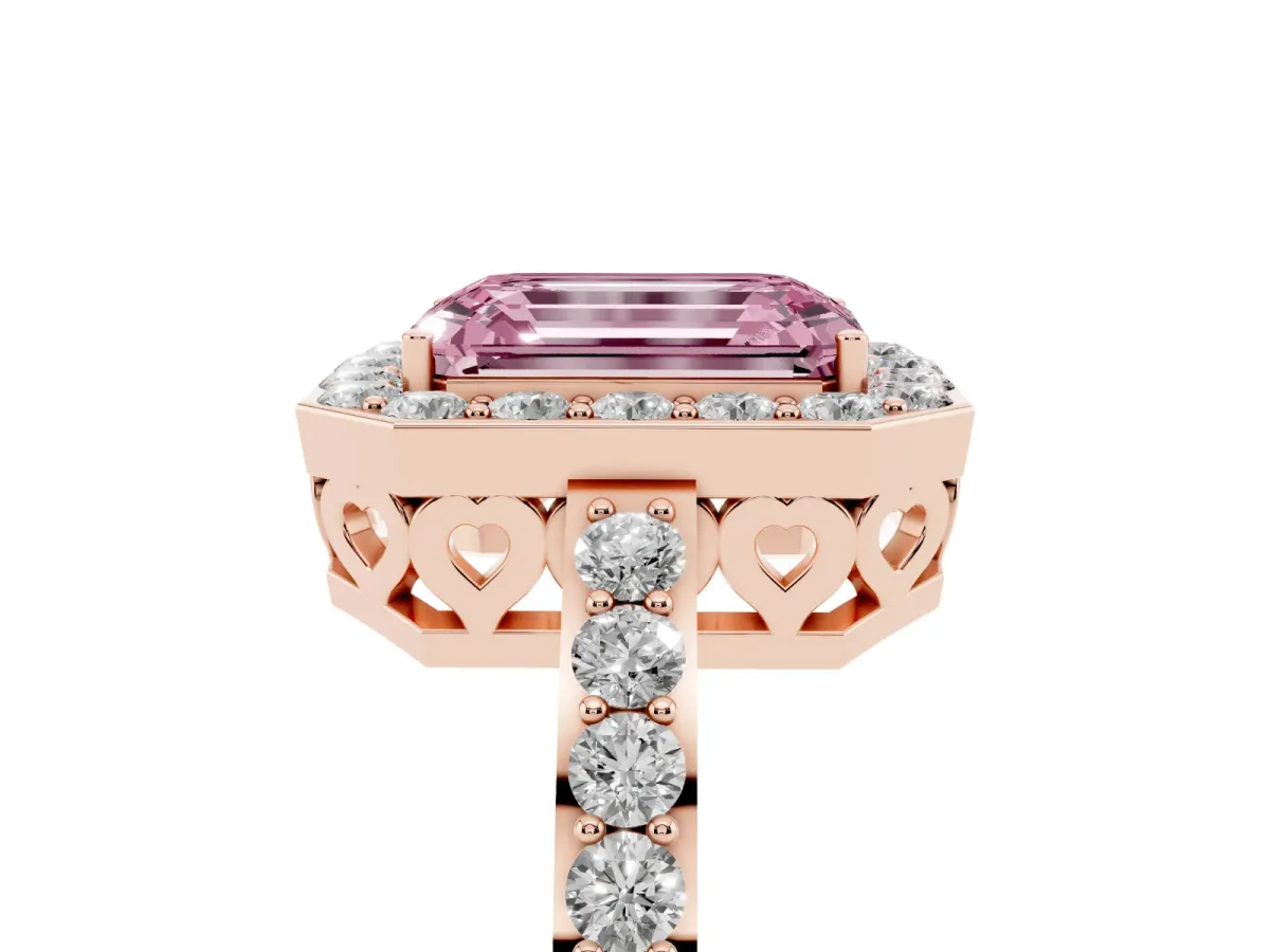 Fancy Pink Emerald Cut Halo Diamond Pavé Band Ring with Prong Setting Rose gold