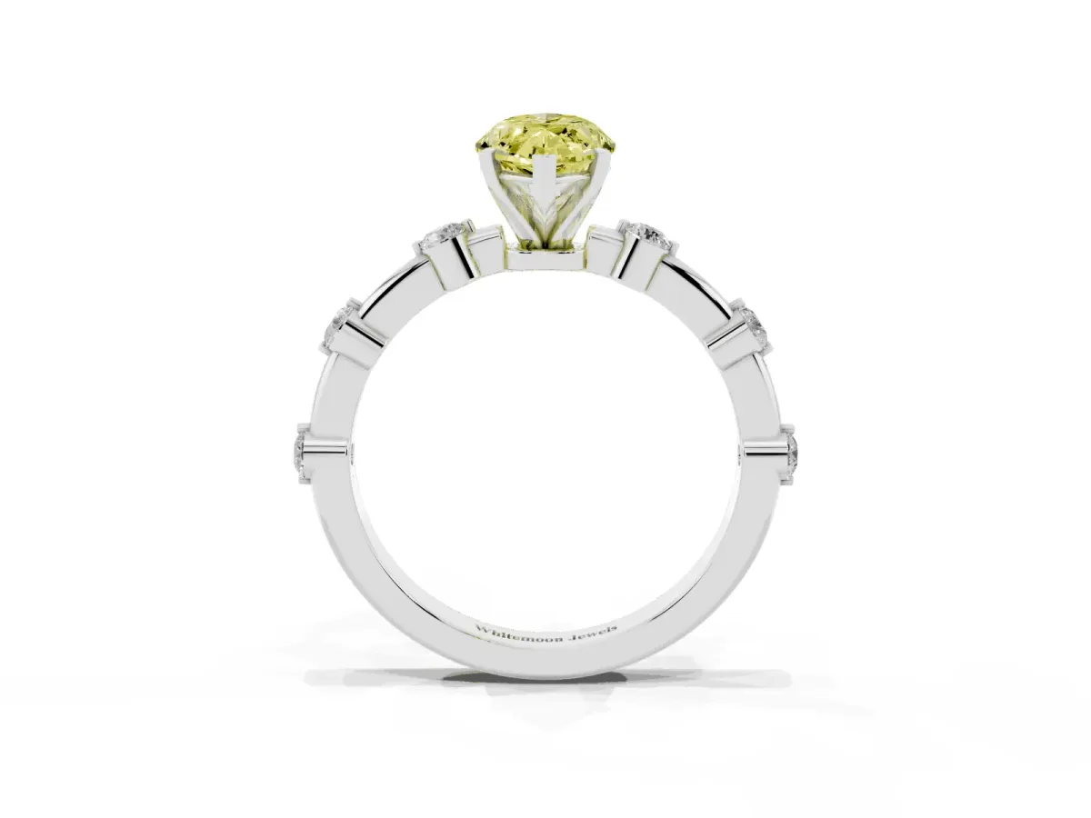Fancy Yellow Marquise Cut Solitaire Diamond Ring with Bezel Set Side Stones and Prong Setting Silver