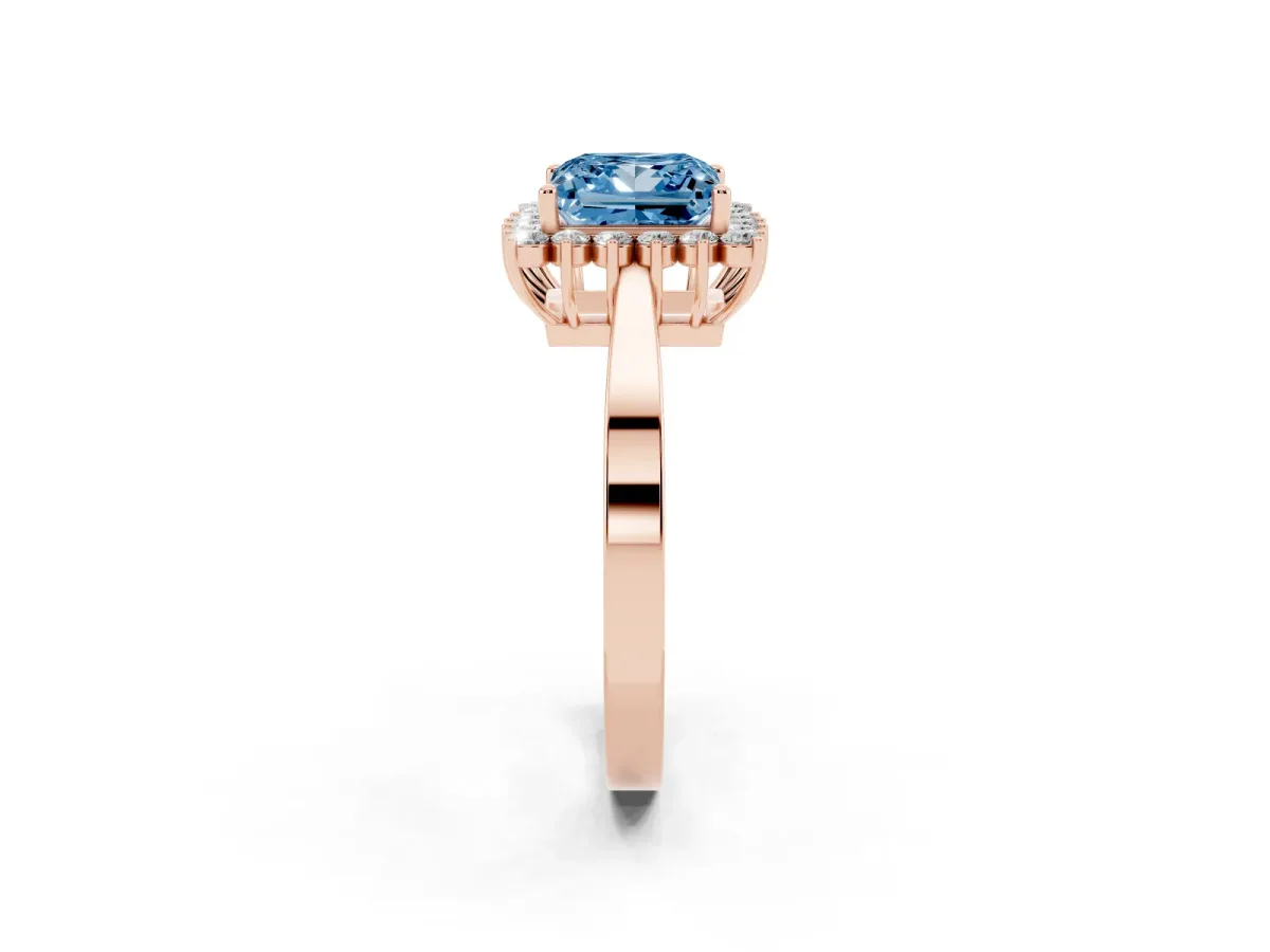 Fancy Blue Princess Cut Cut Diamond Halo Ring with Round Brilliant Halo and Solitaire Band Rose gold