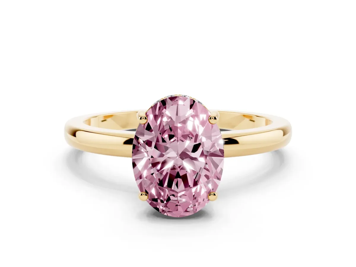Fancy Pink Oval Cut Solitaire Diamond Ring with Prong Setting and Plain Band Yellow gold