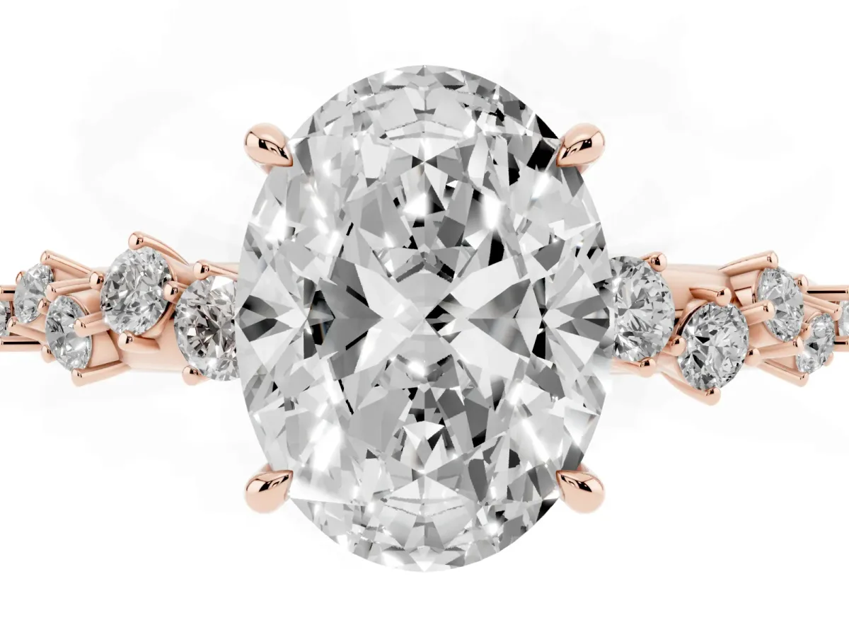 Oval Cut Diamond Cluster Side Stone Solitaire Ring with Prong Setting Rose gold