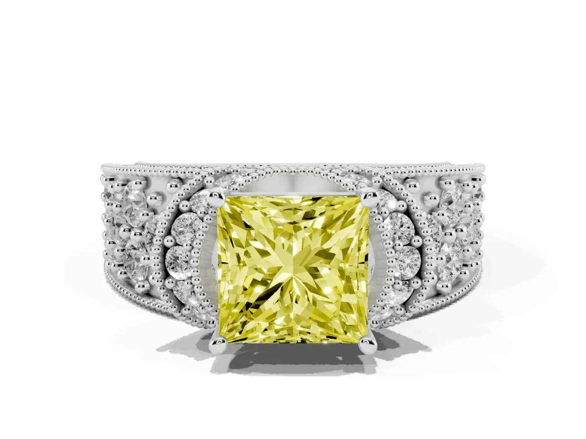 Fancy Yellow Princess Cut Halo Pave Diamond Engagement Ring with Milgrain Detailing White gold