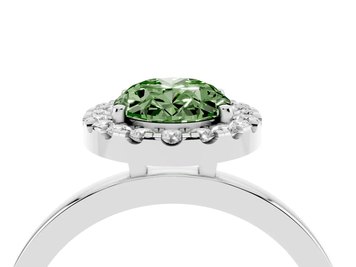 Fancy Green Oval Cut Halo Diamond Solitaire with Pavé Band and Four-Prong Setting White gold