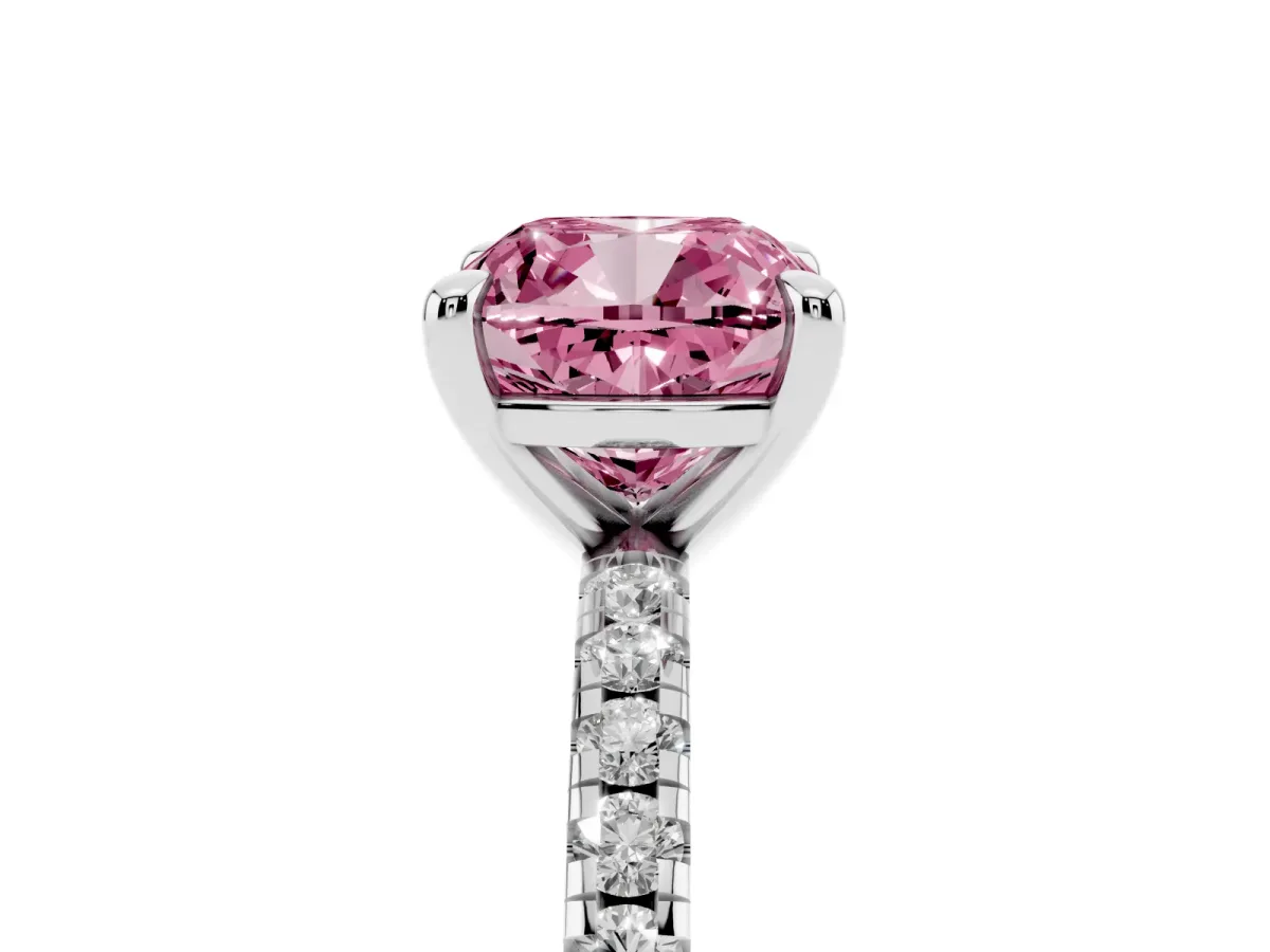 Fancy Pink Cushion Cut Diamond Brilliant Solitaire Ring with Pavé Band and Four-Prong Setting White gold