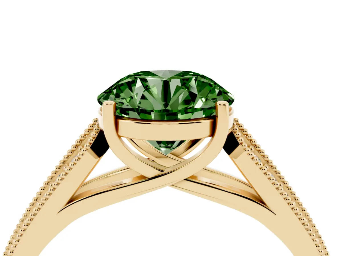 Fancy Green Round Cut Cut Pave Split Shank Engagement Ring with Four-Prong Setting Yellow gold
