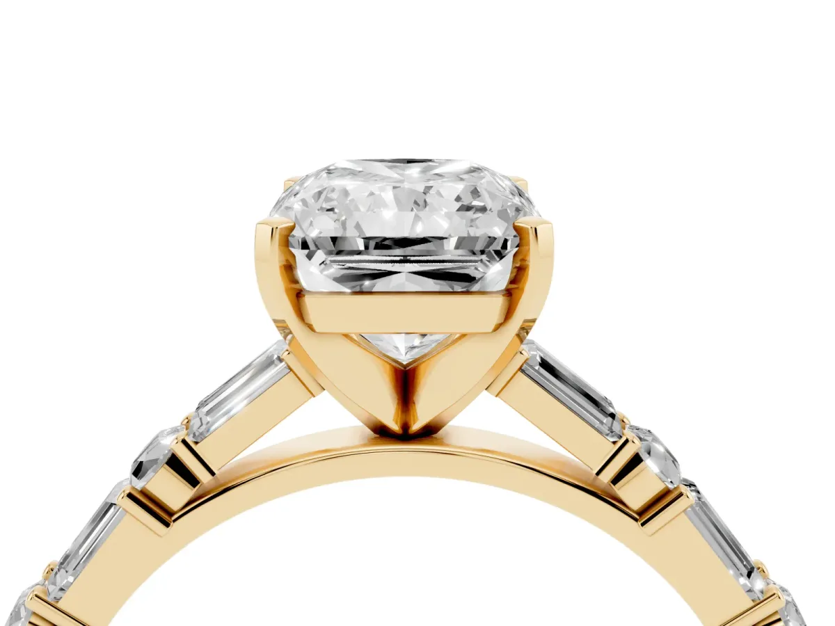 Radiant Cut Diamond Solitaire with Side Baguettes and Channel Set Band Yellow gold
