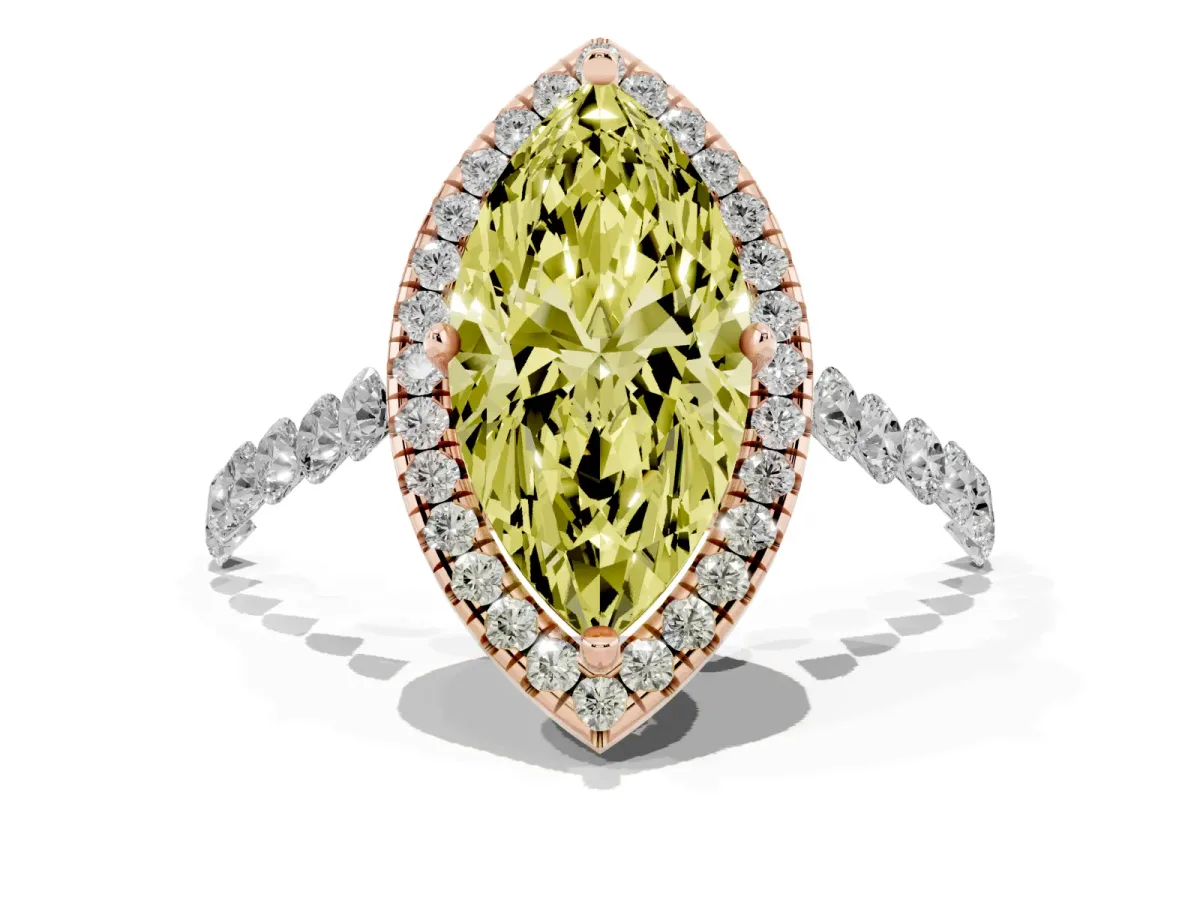 Fancy Yellow Marquise Cut Halo Pavé Diamond Engagement Ring with Four-Prong Setting Rose gold