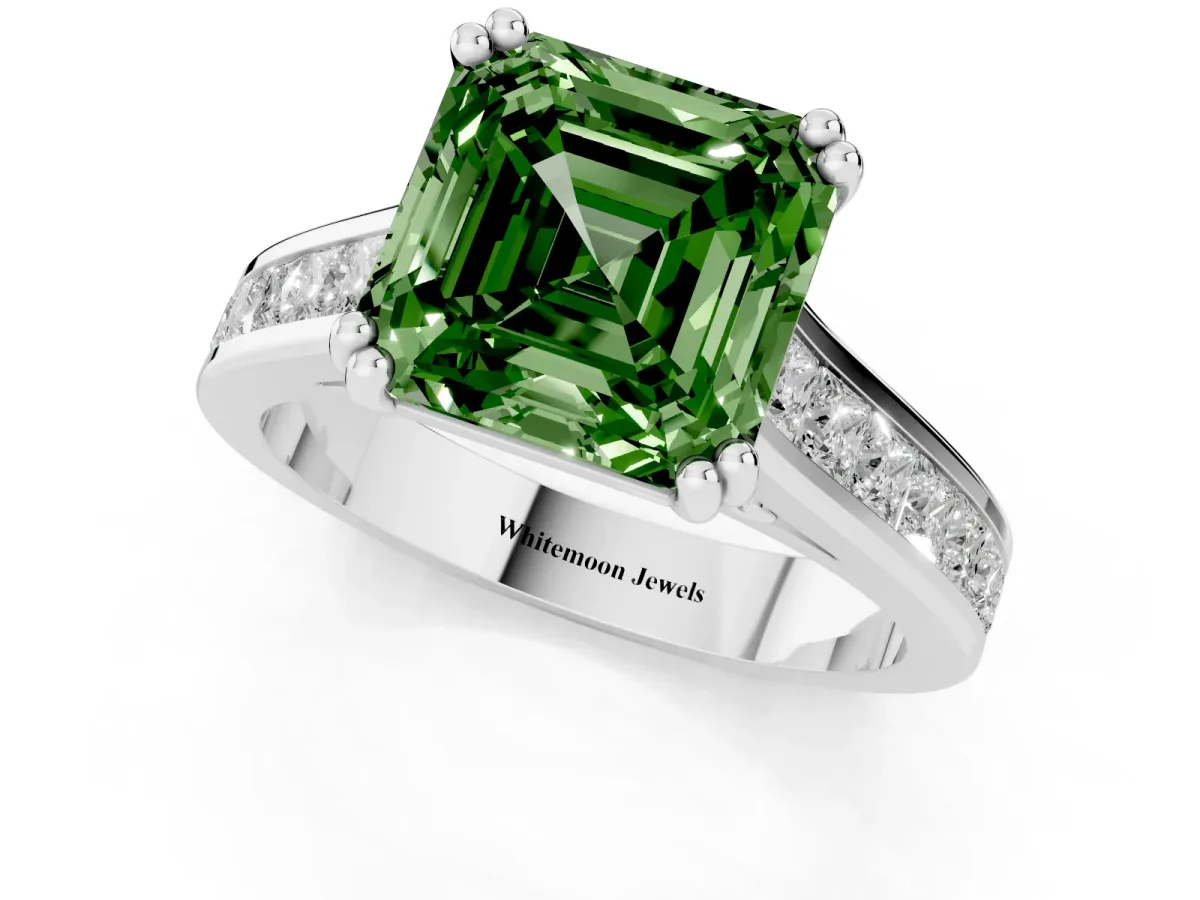 Fancy Green Asscher Cut Cut Channel Set Solitaire Engagement Ring with Prong Setting Silver