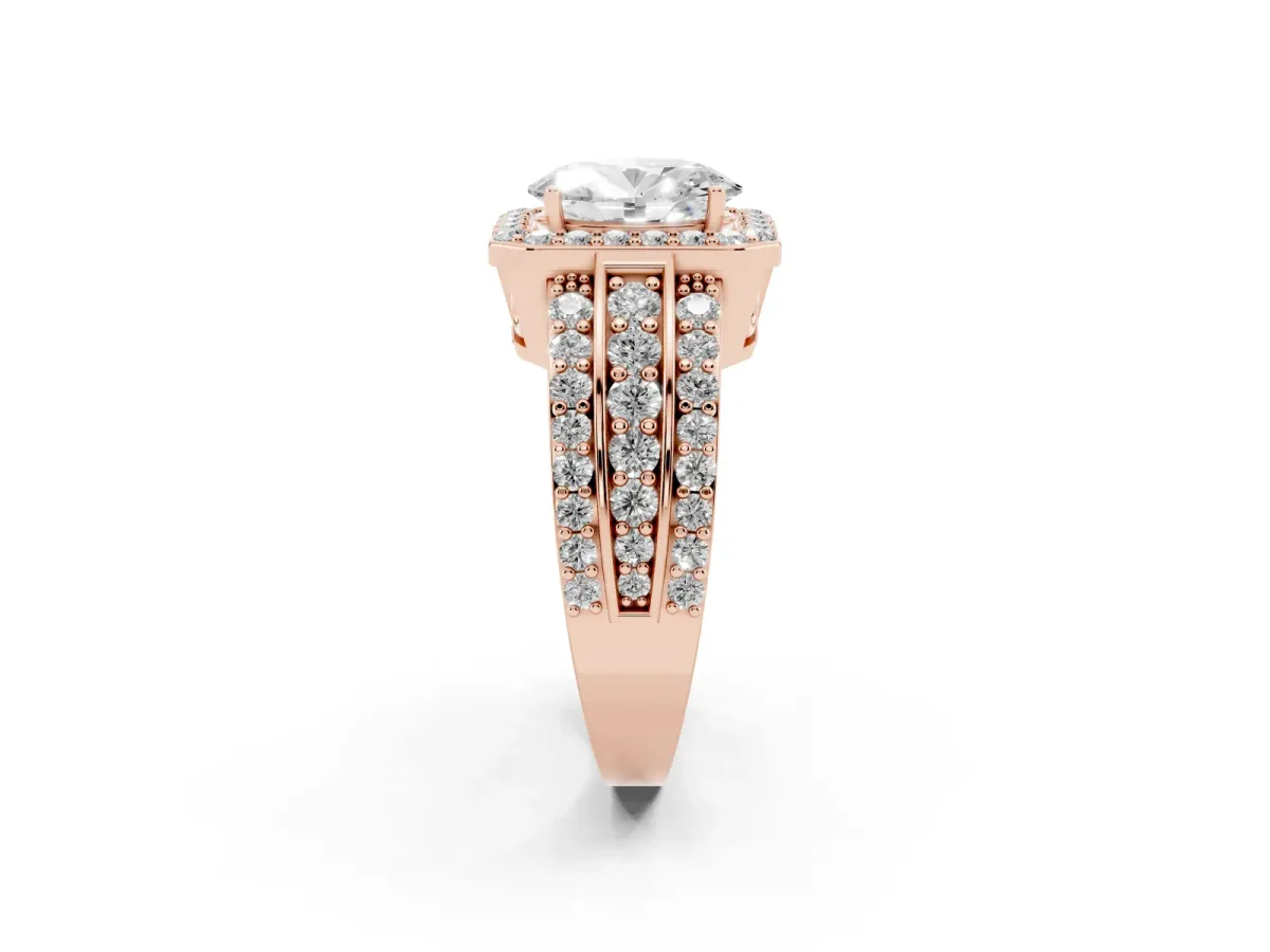 Oval Cut Halo Diamond Ring with Round Split Shank and Prong Setting Rose gold