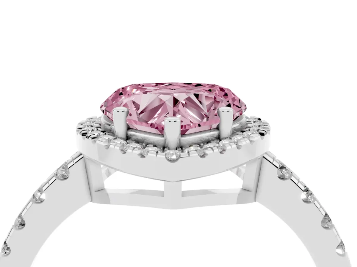 Fancy Pink Heart Cut Diamond Halo Ring with Pavé Band and Four-Prong Setting White gold