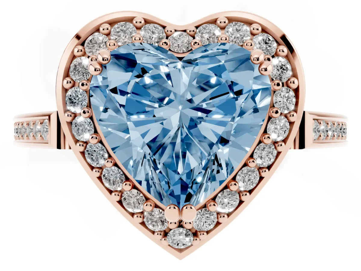 Fancy Blue Heart Cut Diamond Halo Ring with Split Shank and Four-Prong Setting Rose gold