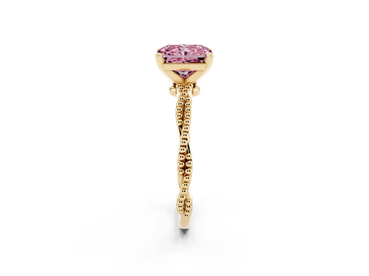 Fancy Pink Radiant Cut Solitaire Twisted Band with Bead Prong Setting Yellow gold