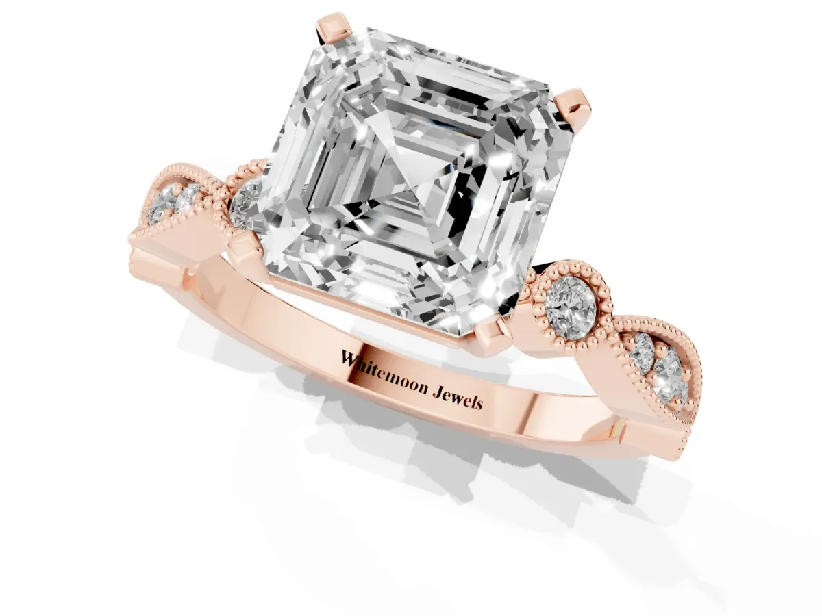 Asscher Cut Milgrain Bezel Diamond Engagement Ring with Solitaire Prong Setting Rose gold