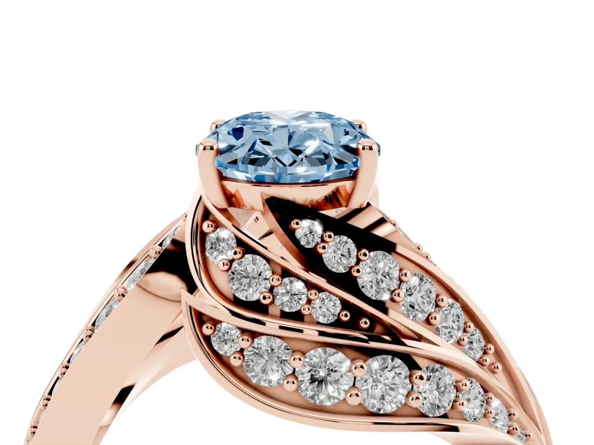 Fancy Blue Oval Cut Diamond Solitaire Ring with Prong Setting and Twisted Pavé Band Rose gold