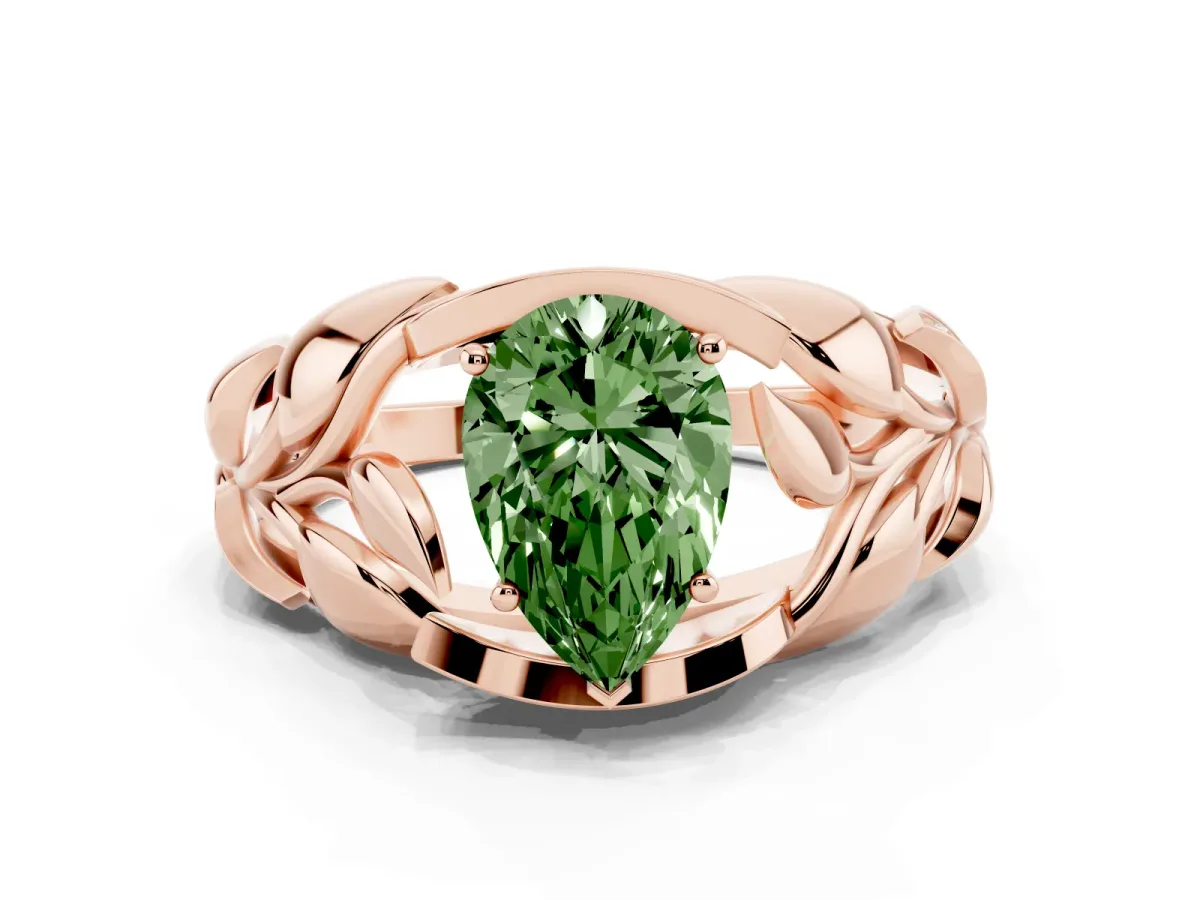 Fancy Green Pear Cut Diamond Leaf-Inspired Engagement Ring with Round Accents and Prong Setting Rose gold