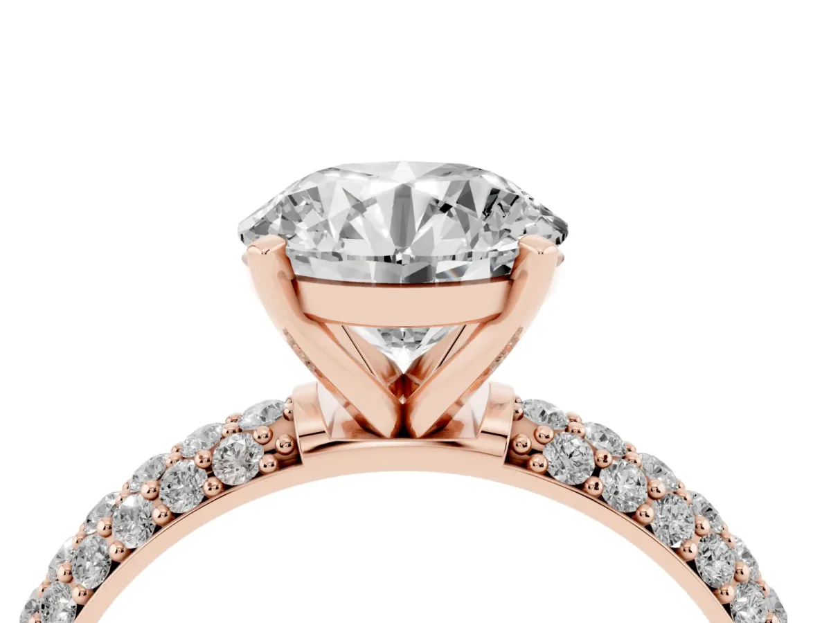 Round Cut Diamond Solitaire Ring with Prong Setting and Pavé Band Rose gold
