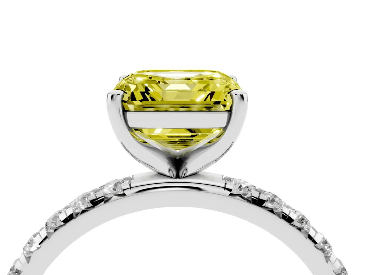 Fancy Yellow Asscher Cut Cut Diamond Solitaire Ring with Micro Pave Band and Four Prong Setting Platinum