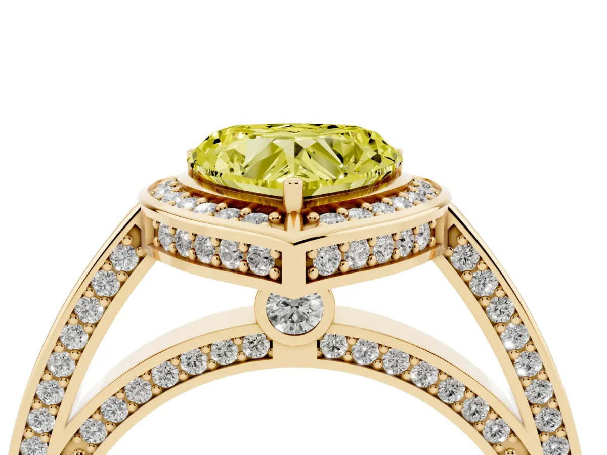 Fancy Yellow Heart Cut Cut Halo Pave Split Shank Prong Setting Ring Yellow gold