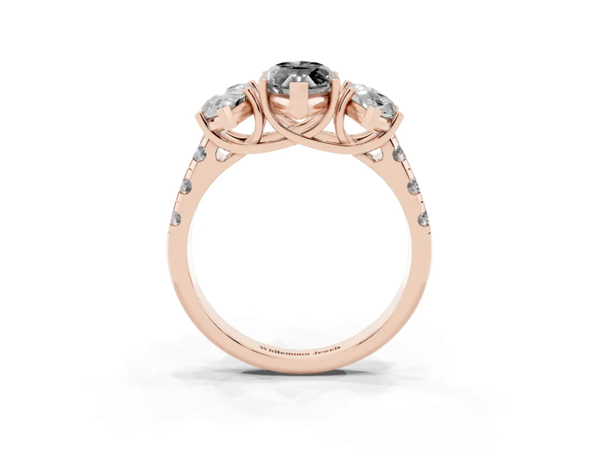 Fancy Black Three-Stone Marquise Cut Diamond Pavé Band with Prong Setting Rose gold