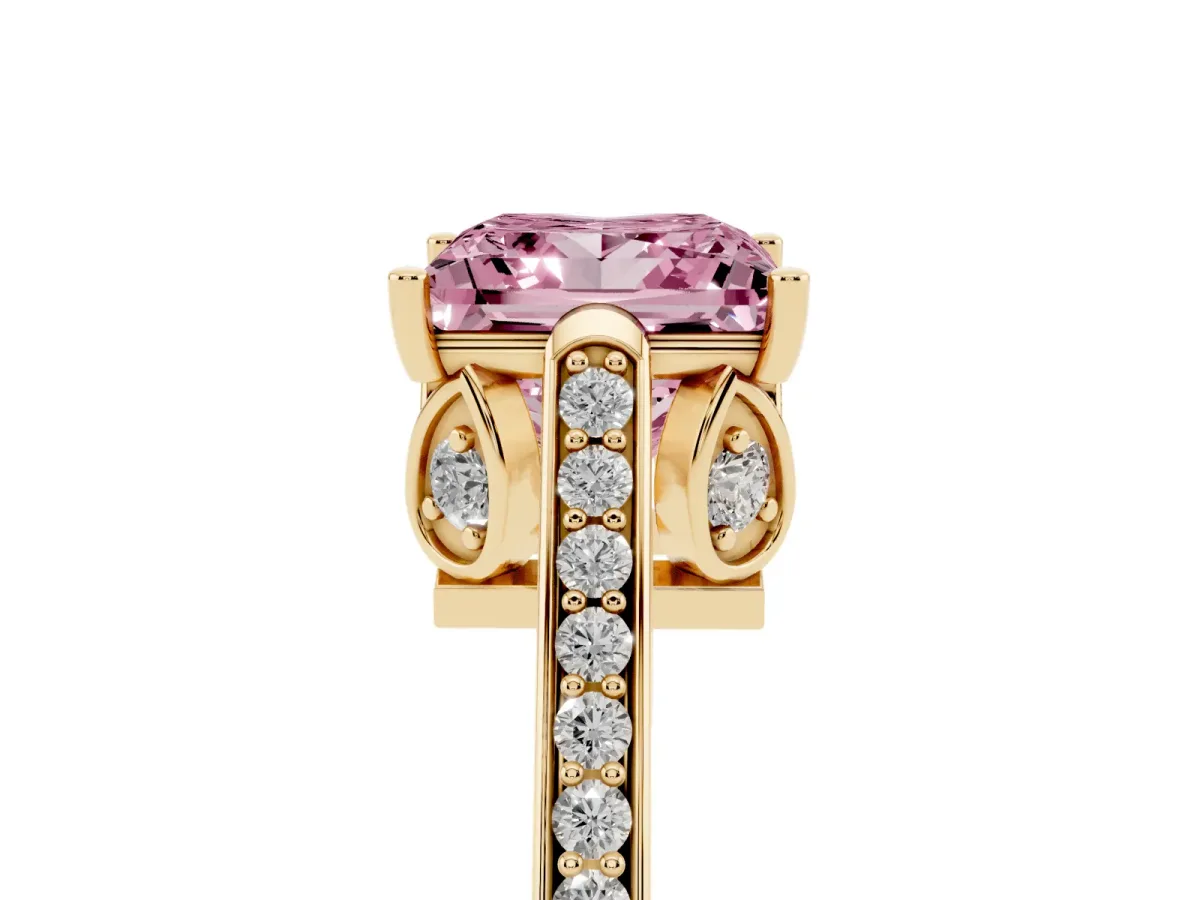Fancy Pink Princess Cut Cut Cathedral Pave Diamond Engagement Ring with Six-Prong Setting Yellow gold