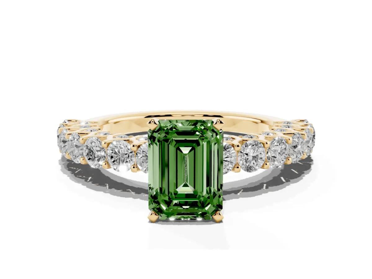 Fancy Green Emerald Cut Diamond Solitaire Ring with Shared Prong Pavé Band and Four-Prong Setting Yellow gold