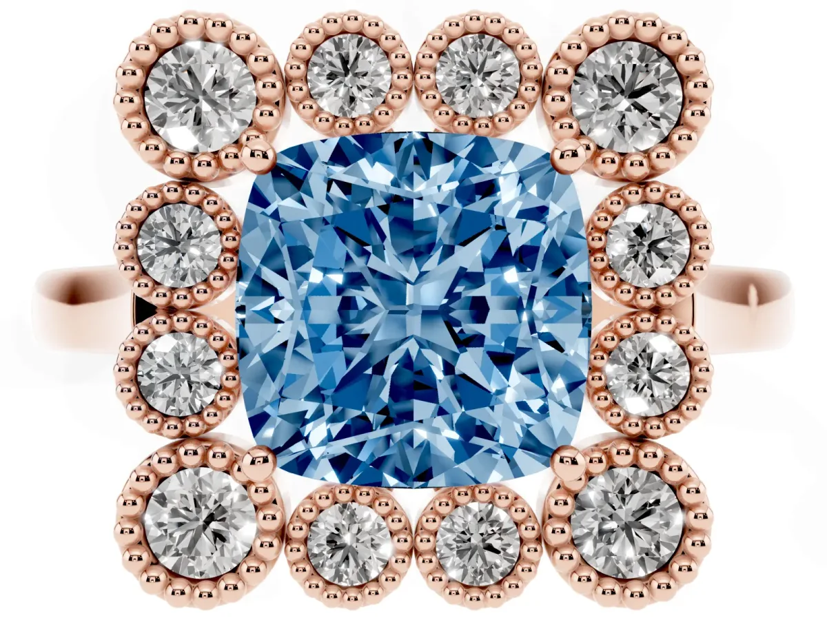 Fancy Blue Cushion Cut Halo Diamond Cluster Engagement Ring with Milgrain Bezel Setting and Solitaire Band Rose gold