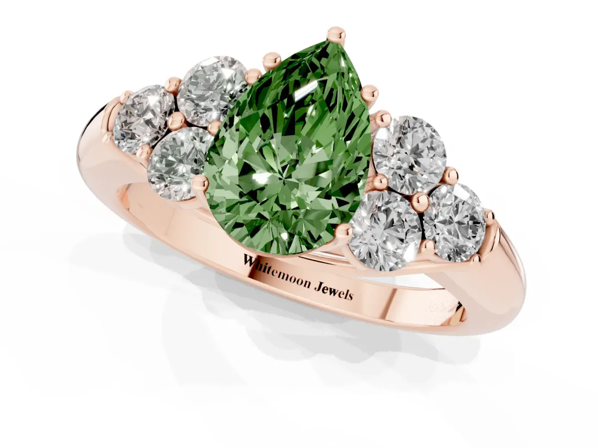 Fancy Green Pear Cut Cut Diamond Cluster Ring with Round Accent Stones and Prong Setting on a Classic Band Rose gold
