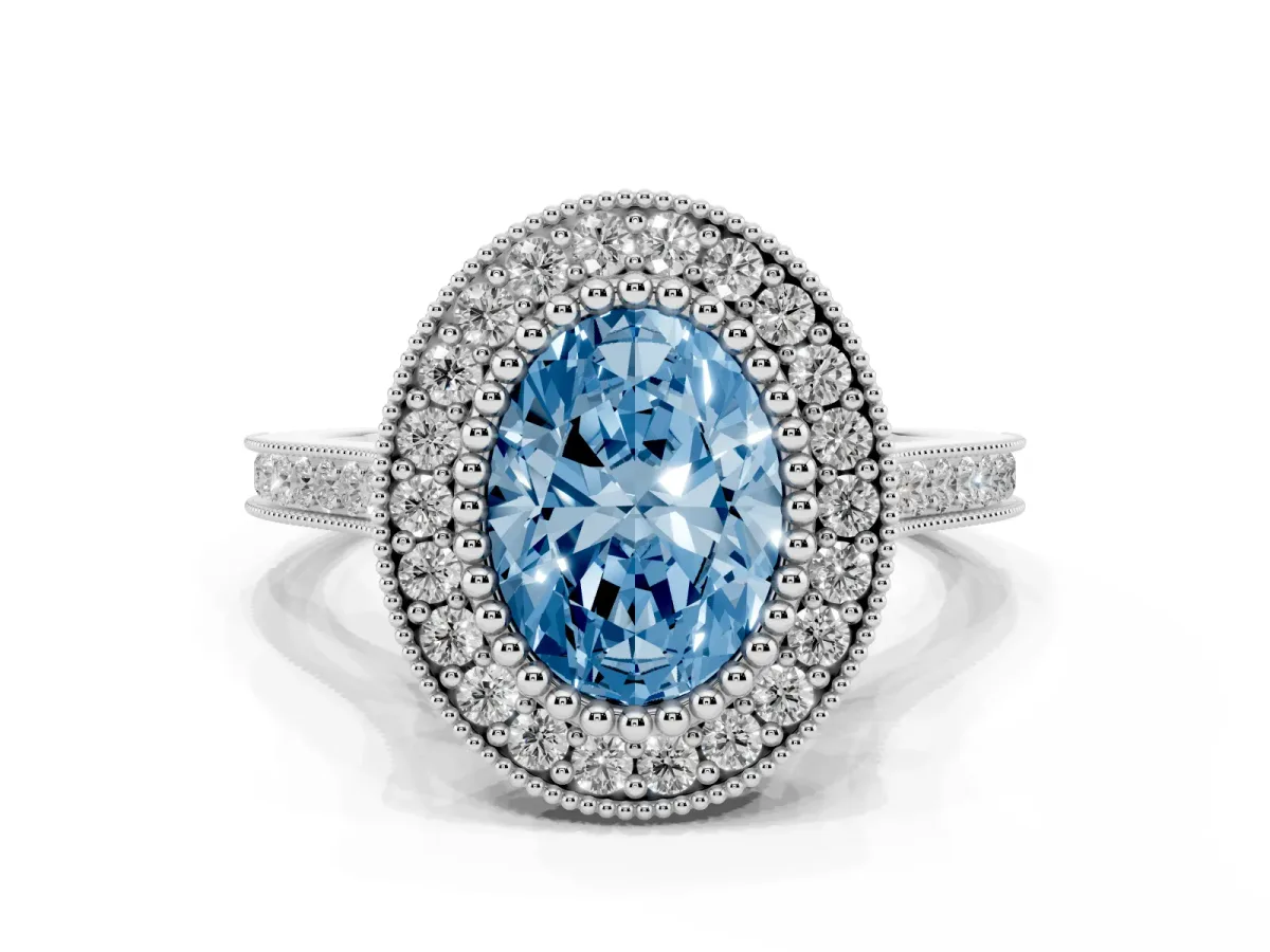 Fancy Blue Oval Cut Diamond Halo Ring with Milgrain Frame and Pavé Band Silver