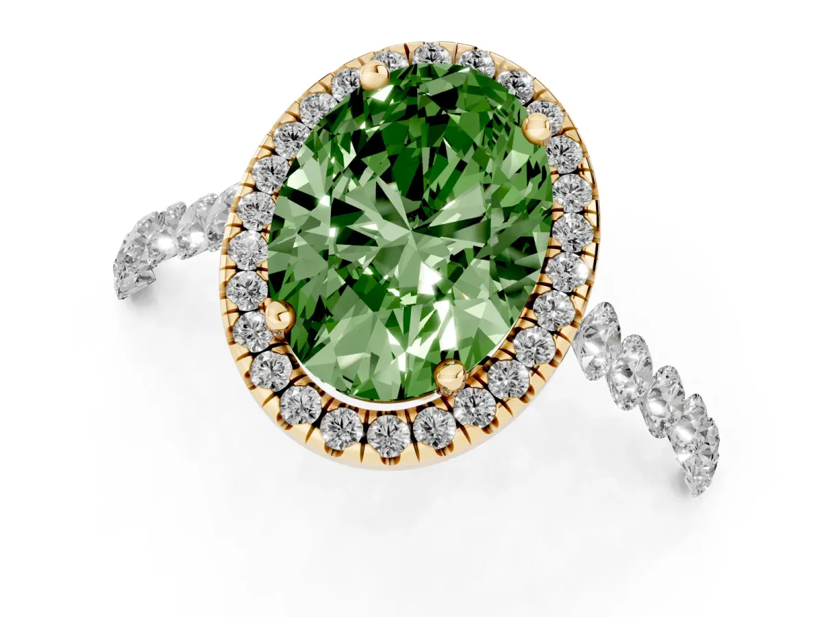 Fancy Green Oval Cut Halo Pavé Diamond Engagement Ring with Four-Prong Setting Yellow gold