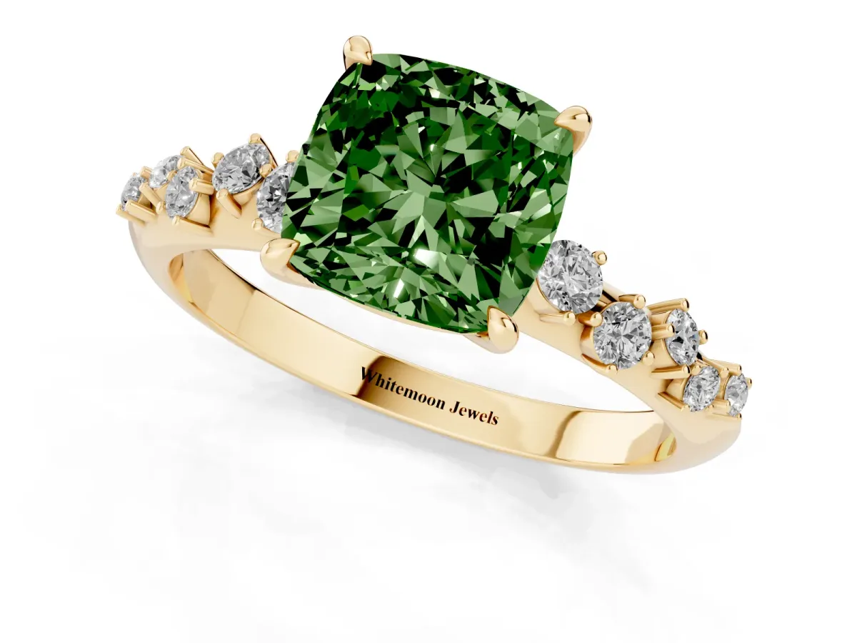 Fancy Green Cushion Cut Diamond Cluster Side Stone Solitaire Ring with Prong Setting Yellow gold